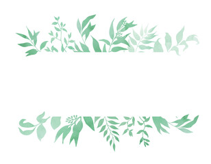 Watercolor green leaves frame template. Floral border with forest herbs, eucalyptus. Vector illustration.