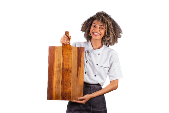 Young black Brazilian woman, cook, masterchef, wearing restaurant uniform. holding wooden board for texts and advertisements, presenting.