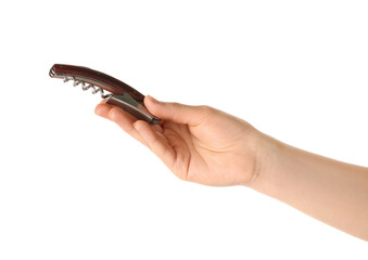 Female hand holding corkscrew isolated on white background