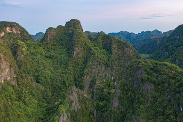 Aerial top view of fresh paddy rice, green agricultural fields with mountain hills valley in countryside or rural area of Ninh Binh, in Asia, Vietnam. Nature landscape background.