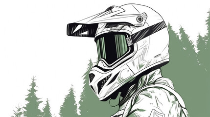 Close up motocross and Rider with helmet, race, High detail, , 8k, with beautiful green forest views in the helmet goggles. minimalist line drawing white background. Created with Generative AI - obrazy, fototapety, plakaty