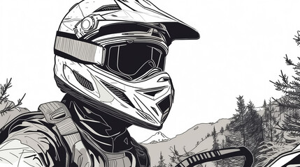 Close up motocross and Rider with helmet, race, High detail, , 8k, with beautiful green forest views in the helmet goggles. minimalist line drawing white background. Created with Generative AI - obrazy, fototapety, plakaty