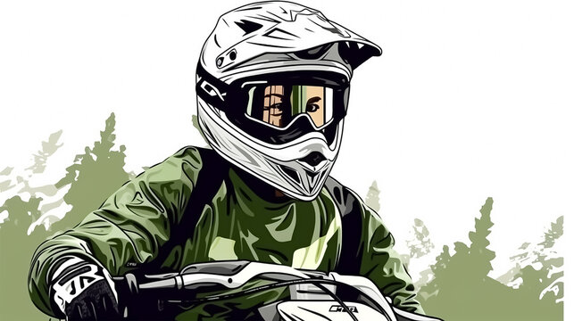 Close up motocross and Rider with helmet, race, High detail, , 8k, with beautiful green forest views in the helmet goggles. minimalist line drawing white background. Created with Generative AI