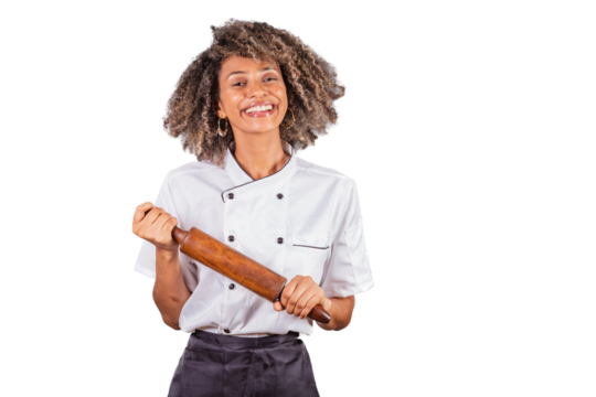 Young black Brazilian woman, cook, masterchef, wearing restaurant uniform. holding wooden rolling pin for preparing pasta, bread and pizza.