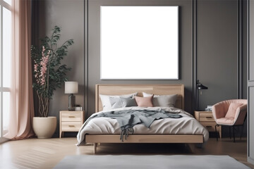 Bedroom pastel tone, interior modern style, above a bed, wood frame. AI Generated