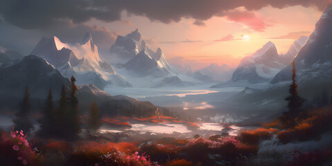 Snow covered mountains and flowers in foreground in dramatic light, Generative AI