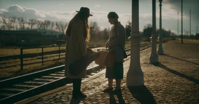 Two Women Walking at Railway Station