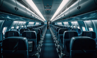Fototapeta premium nterior of empty modern aircraft with blue flight seats and hallway in daytime during flight, generative AI