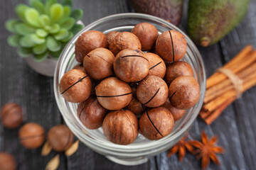 macadamia nut on wood background