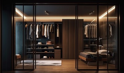 Luxury, modern design of walk in closet with stainless frame, wooden wardrobe, generative AI