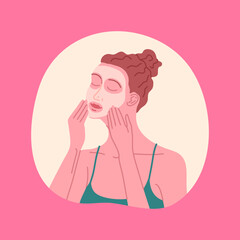 Vector young woman doing face massage over facial mask with closed eyes concept. Poster for beauty salon, shop of skin care routine. Face skin treatment illustration