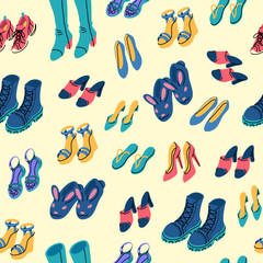 Vector woman shoes pattern. Seamless background of different shoe wear types. High heels, tractor boots, sandals, flip flops and other illustration.