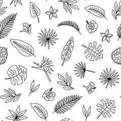 Fototapeta premium Vector hand drawn summer tropical leaves and flowers line pattern. Palm leaves, coconut and plumeria seamless background. Hibiscus and bird of paradise flowers. Strelitzia, monstera and elephant ear