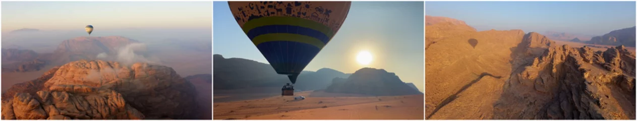 Schilderijen op glas Dawn in the desert. Hot air balloon flight over a mountain range. A journey at sunrise. © TKalinovskaya