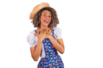 Young black Brazilian woman, with country clothes, dressed for Festa Junina. Saint John's festival. in love, hands on heart, hope.