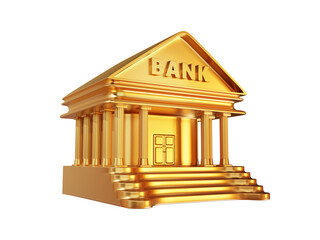 3d golden bank building with columns and ladder on white isolated background. Side view. Deposit, loan, mortgage, plastic cards. 3d rendering illustration.