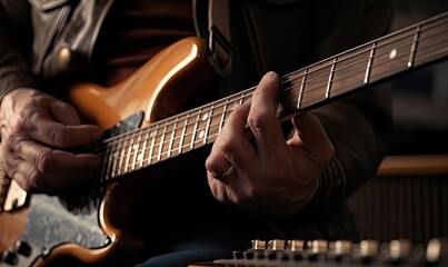 Fototapeta na wymiar Man's hands play guitar Band, generative AI
