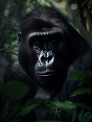 Face of the Jungle: Gorilla Portrait in Greenery (Generative AI)