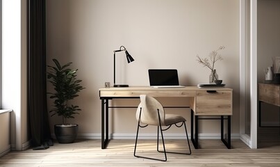 Minimal built in beige working desk with computer, shelf, black steel chair, blank cream wall, generative AI