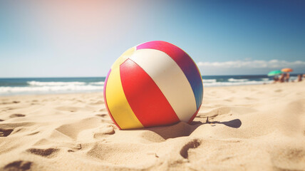 Beach ball on the beach. Hot summer holidays at the sea. Vacations time. 