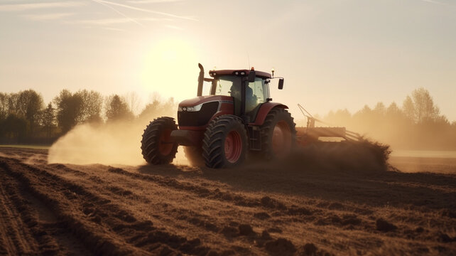 Tractor drives across large field making special beds for sowing seeds into purified soil. Created with Generative AI.	