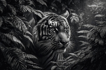 black and white illustration of a tiger, he comes out between leaves and looks lifelike created with Generative AI technology