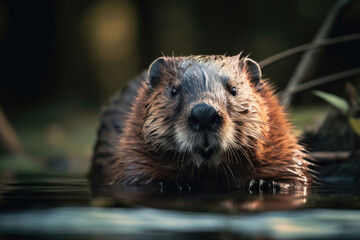 small beaver in water sitting in river, lifelike illustration created with Generative AI technology - obrazy, fototapety, plakaty