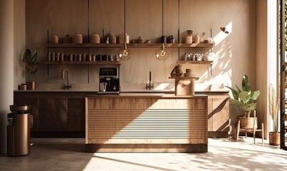 Modern, luxury tropical design cafe, wooden counter with espresso machine, cake display fridge, generative AI