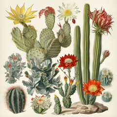 Different types of cactus, botanical illustration on white background. Created with Generative AI.	