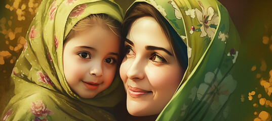 The joy of spring time, happy mother and child generative ai	