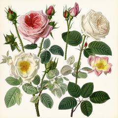 Different types of roses, botanical illustration on white background. Created with Generative AI.	
