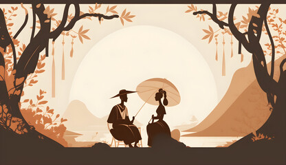 Qixi Festival background, male and female couple, shepherd and weaver, minimalist style