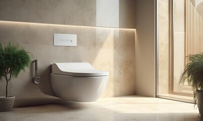 Obraz na płótnie Canvas Modern, luxury wall hung toilet bowl, white bathtub on granite tile floor in sunlight on beige wall background, generative AI
