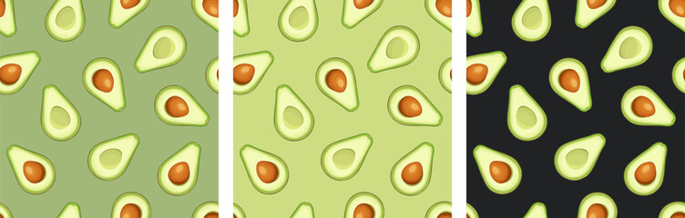 Seamless patterns with avocado fruit slices. Set of vector seamless backgrounds 