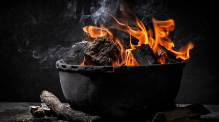 Charcoal For Barbecue, Background With Flames