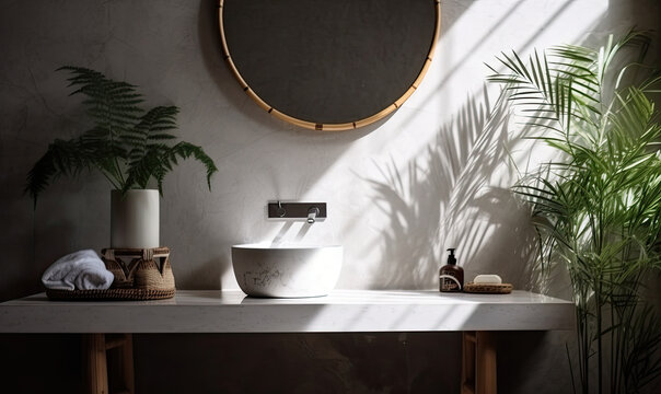 Modern white marble stone bathroom vanity and space, green tropical bamboo palm tree in sunlight, generative AI