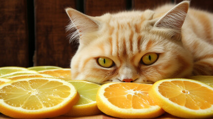 cat with oranges and limes
