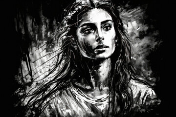 beautiful black and white painting with beautiful shades, young woman with long hair created with Generative AI technology
