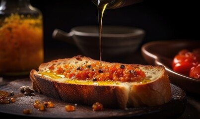 Olive oil is poured on bread, on top of which grated tomato is spread, Spanish traditional breakfast food, generative AI - obrazy, fototapety, plakaty