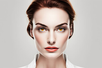 woman wears white shirt and orange contact lenses, she has brown hair created with Generative AI technology