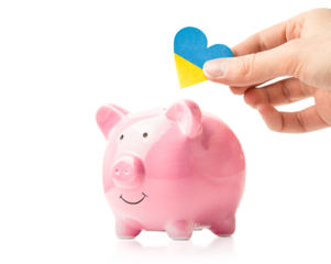 a piggy bank and a hand with a heart in the form of the Ukrainian flag, on a white isolated background, support and donations for Ukraine