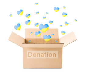 box with donations and hearts flying out of it in the form of the Ukrainian flag, on a white isolated background