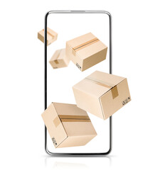 cardboard boxes levitating from a smartphone on a white isolated background, online delivery concept