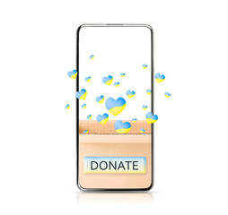 donation box in a smartphone with hearts flying out of it in the form of the Ukrainian flag, on a white isolated background