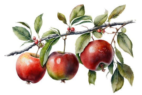 a spring-themed watercolor illustration of juicy green and red apples on a branch with leaves on a transparent PNG background. Generative AI