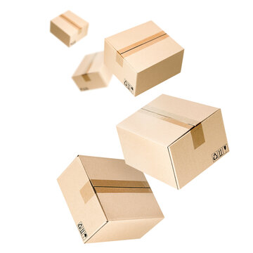 five levitating closed cardboard boxes on a white isolated background