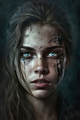 young woman with injuries on her face, she has long hair and blue eyes created with Generative AI technology