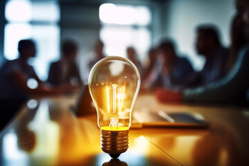 Eureka Moment, Light Bulb on a meeting table glowing during an intense brainstorm with people thinking and talking around a meeting table of business ideas for a startup. Generative AI 