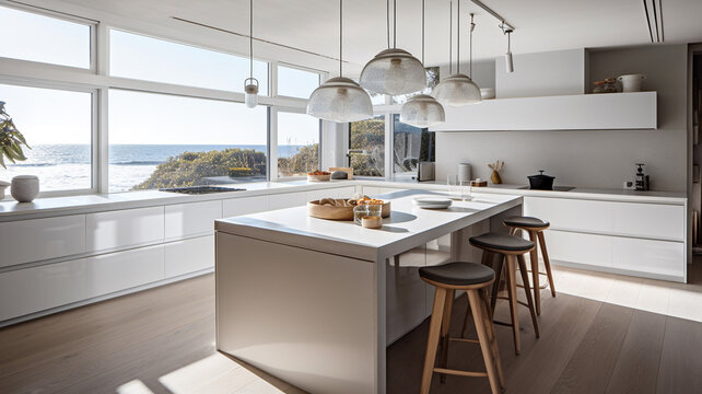 Beach house kitchen interior. Created with Generative AI.	