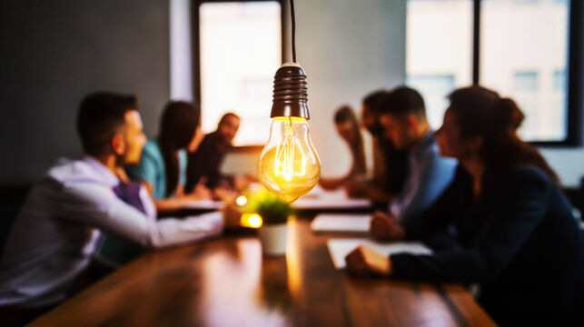 Eureka Moment, Light Bulb on a meeting table glowing during an intense brainstorm with people thinking and talking around a meeting table of business ideas for a startup. Generative AI 